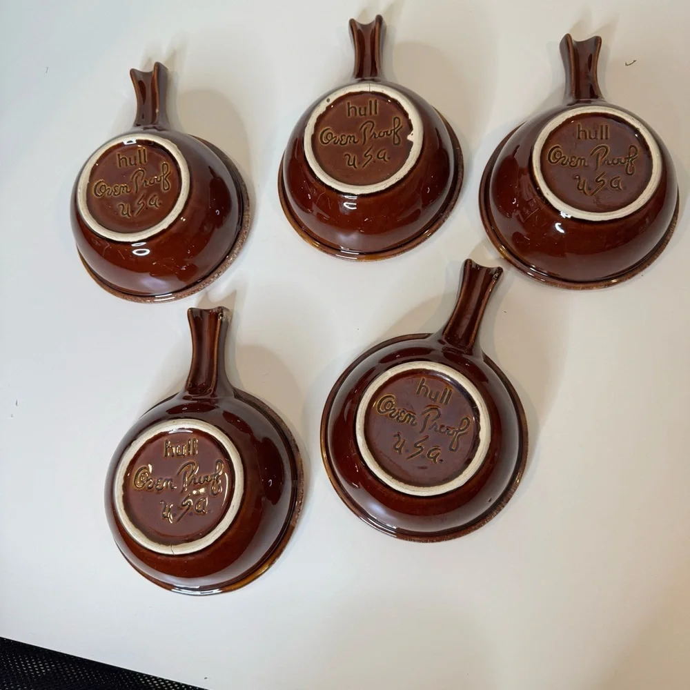 HULL BROWN DRIP BOWLS Soup Handle USA Mid Century Vtg lot of 5